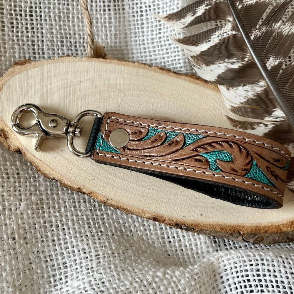 Genuine leather hand tooled painted keychain lobster closure